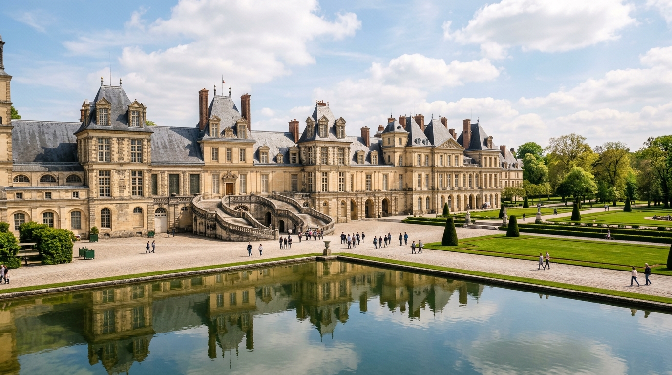 Castelo de Fontainebleau com a histórica escadaria em ferradura e jardins reais